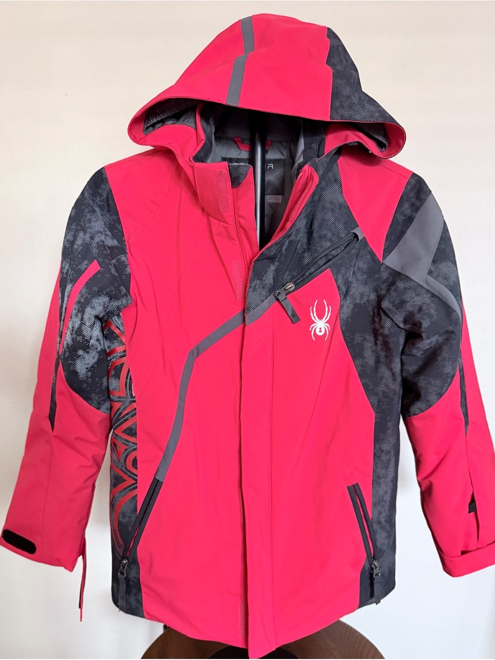 Spyder Kids Ski Jacket Size 14 Red/Black Hooded Insulated Full Zip Softshell